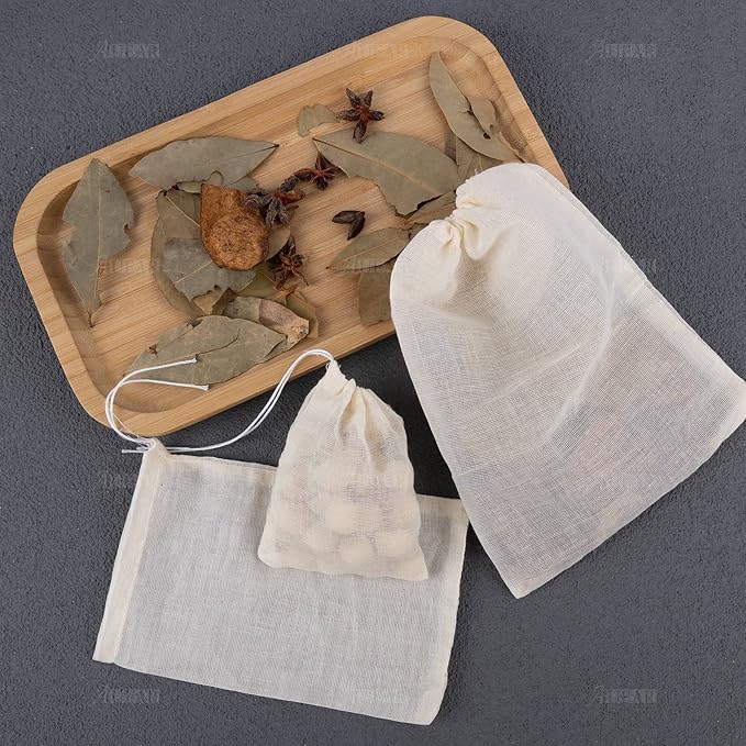 AUEAR, 30 Pack Reusable Drawstring Cotton Soup Bags Spice Bag Tea Filter Coffee Brew Herb Muslin Cheesecloth for Straining(3 Sizes)