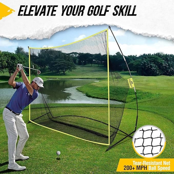 PodiuMax Golf Net, 10x7ft Golf Practice Net with Noise Reduce Silk Target Driving Real Balls, Hitting Nets for Backyard Garage, Improve Chipping Putting Pitching, Gift for Men & Golfers