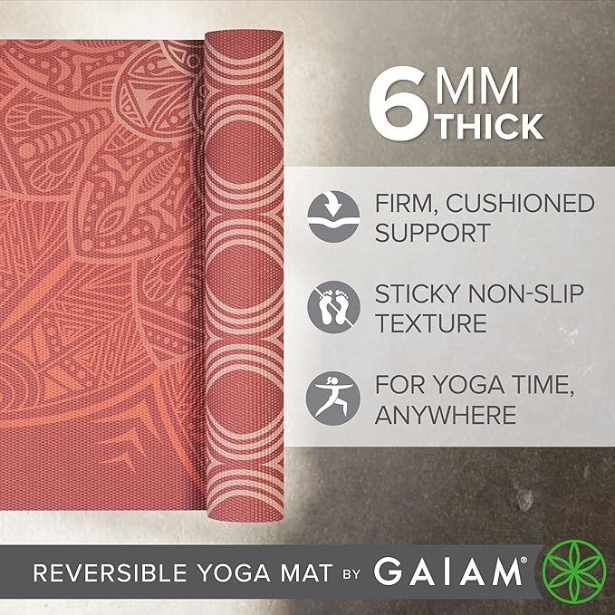 Gaiam Yoga Mat - Premium 6mm Print Reversible Extra Thick Non Slip Exercise & Fitness Mat for All Types of Yoga, Pilates & Floor Workouts (68" x 24" x 6mm Thick)-FlexoryFit