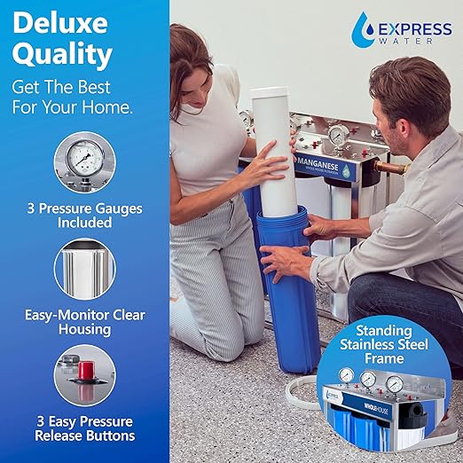 Whole House Water Filter System| IRON & MANGANESE | 3 Stage Water Purifier Whole Home, Top-Tier Iron & Mang. Filter Targets Stains/Color on Glass-Ware, Fixtures, Laundry, Signf. Reduces Lead & Arsenic