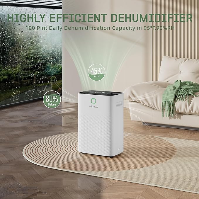 6,000 Sq.Ft 100 Pints Dehumidifier for Home, HOGARLABS Dehumidifier for Basement Large Room with Drain Hose, 1.32 Gal Water Tank, Auto Defrost, 24H Timer, Intelligent Humidity Control