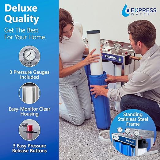 Whole House Water Filter System| ESSENTIAL | 3 Stage Water Purifier Whole Home, Top-Tier GAC, ACB Filters Produce Overachieving H2O, Significantly Reduces Chlorine & Sulfur Smell/Taste, Healtheir Skin