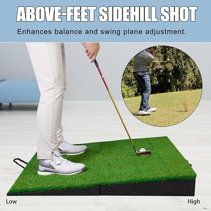 PGM 40"x 40" Golf Practice Mat - 4 Adjustable Simulation Slopes Golf Mats - Golf Hitting Mat - Golf Mats Practice Indoor Outdoor - Golf Training Mat - Golf Swing Trainer Aid