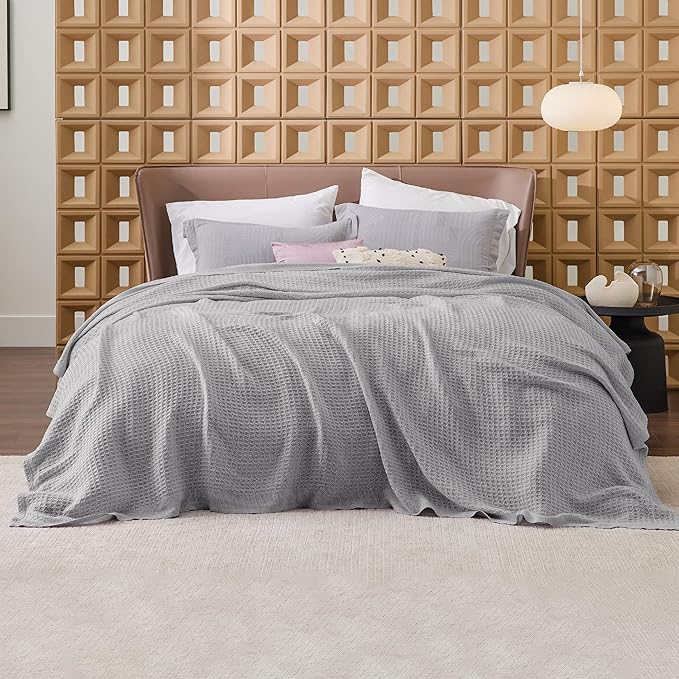 Bedsure 100% Cotton Blanket King Size for Bed - Breathable and Soft, Waffle Weave Blanket for Summer, Thick Cozy Fall Blankets for Women Gift, Grey, 104x90 inches