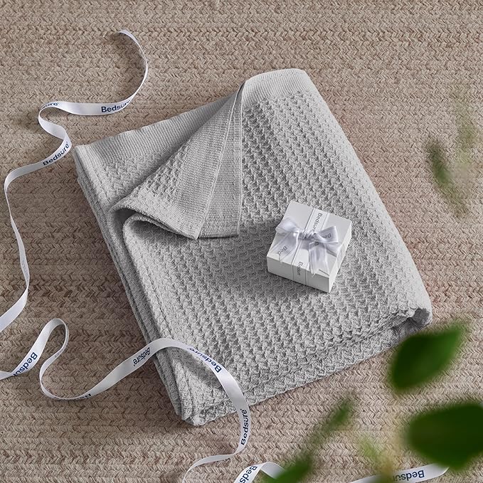 Bedsure 100% Cotton Large Throw Blanket for Couch 50x70 inches - Breathable and Soft, Waffle Weave Throw Blanket for Office, Grey