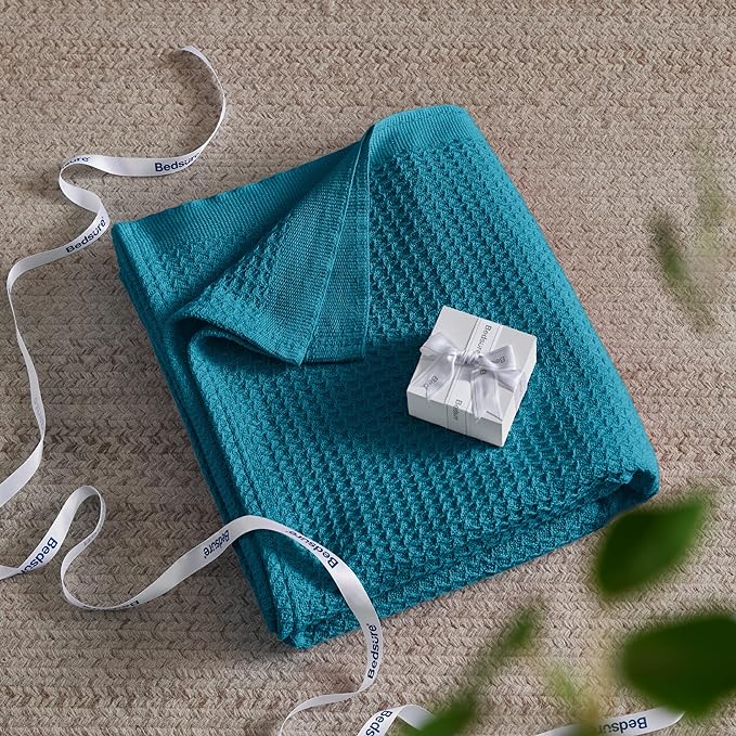 Bedsure 100% Cotton Blanket Twin XL Size for College Dorm - Breathable and Soft, Waffle Weave Twin Blanket for Summer, Dorm Room Essentials, Teal, 66x90 inches