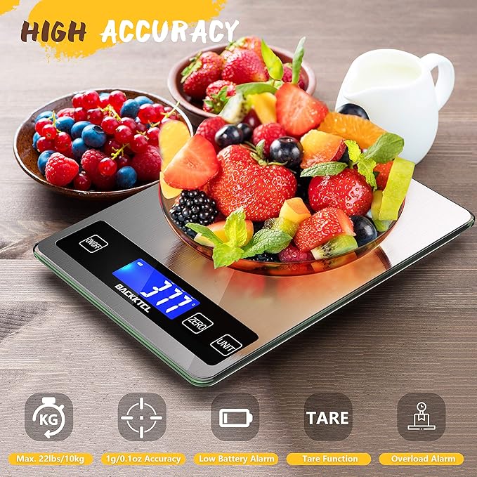 ''Cooking Master' 22lb Digital Kitchen Scale,Food Scale Measures in Grams and Ounces for Weight Cooking Baking,1g/0.1oz Precise Graduation,Stainless Steel and Tempered Glass-FlexoryFit
